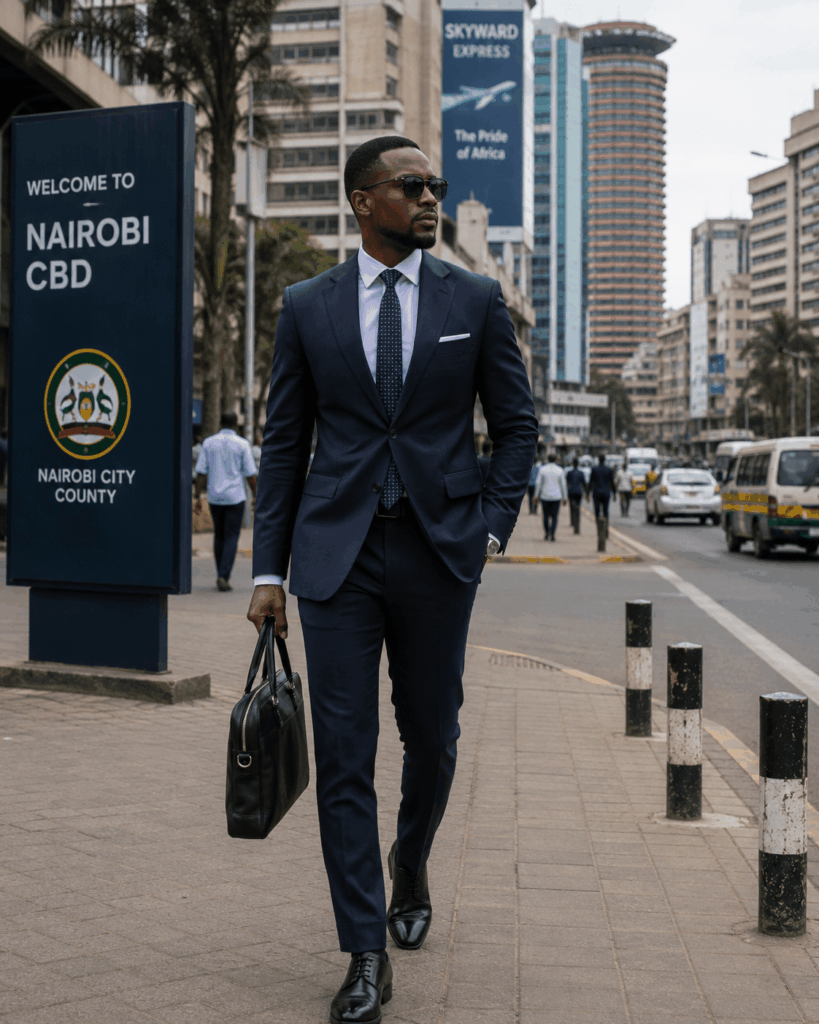 Professional businessman walking in Nairobi CBD wearing a well-fitted suit, illustrating suit cleaning price in Nairobi and corporate appearance
