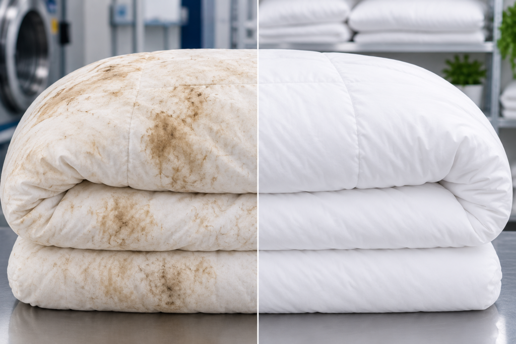 Before and after professional duvet stain removal by United Dry Cleaners