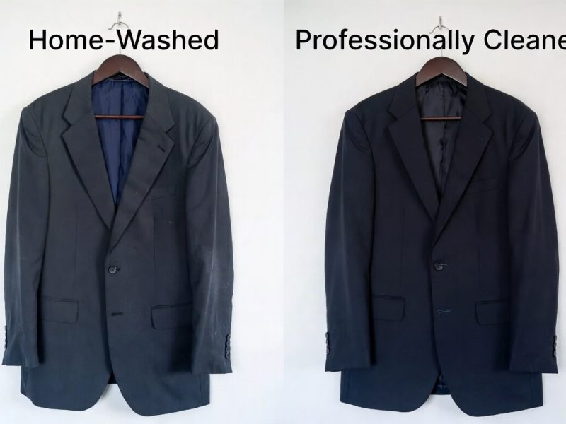Side-by-side comparison of damaged home-washed suit and professionally cleaned suit explaining suit cleaning price in Nairobi and service quality difference